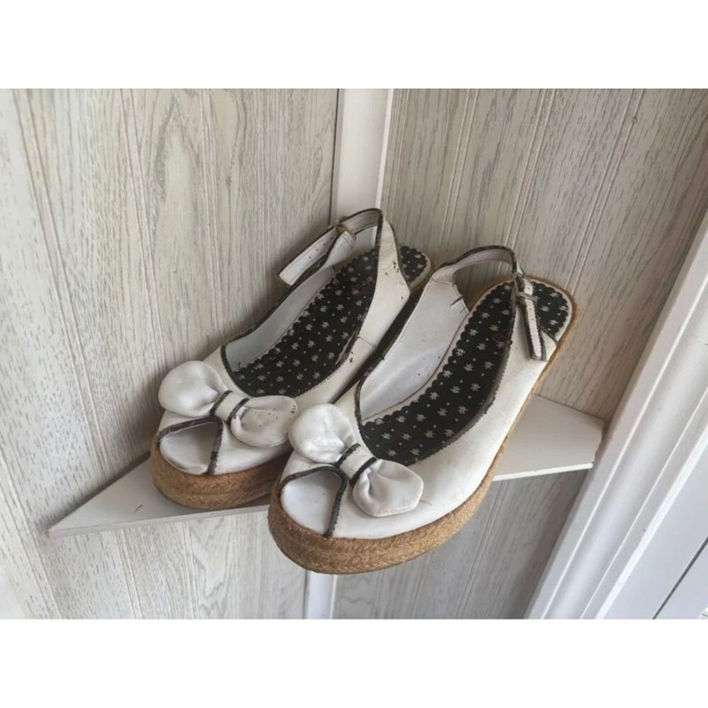 Vintage Torrid Y2K Black White Peep Toe Platform Espadrille Sandals Bow Detail